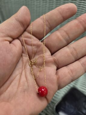 14K Gold Chain Necklace with Red Bead Pendant